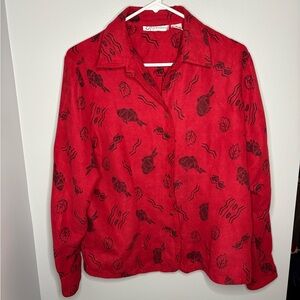Dressbarn Red and black fish pattern button-up shirt